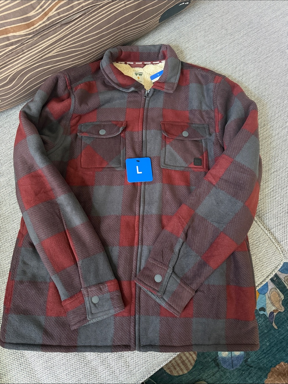 Men's Red and Gray Plaid Fleece and Sherpa lined Zip Shirt Jacket
